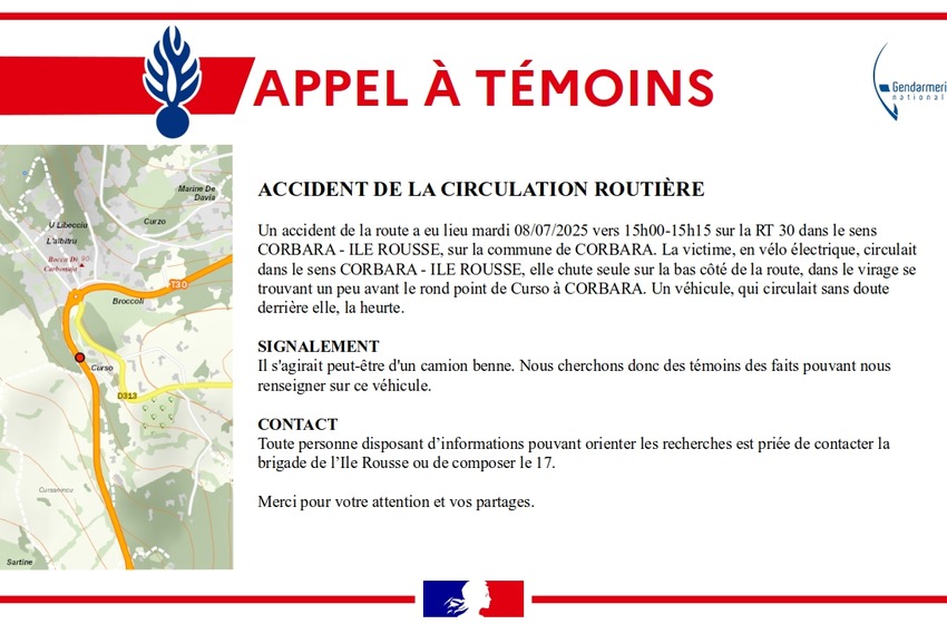 Appel à témoins après qu'un cycliste ait été heurté par un véhicule en Balagne
